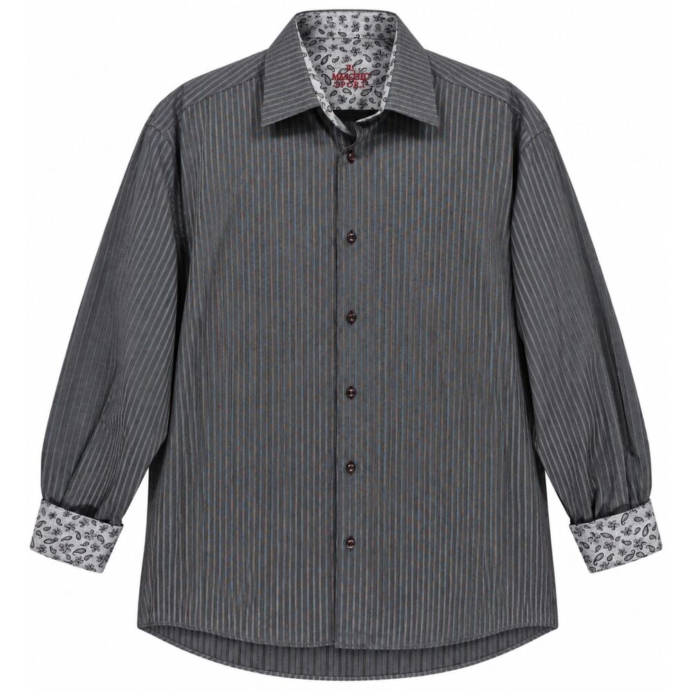 Marcello Sport Men’s XL Cotton Gray Striped Button-Up Shirt Paisley Cuffs Luxury